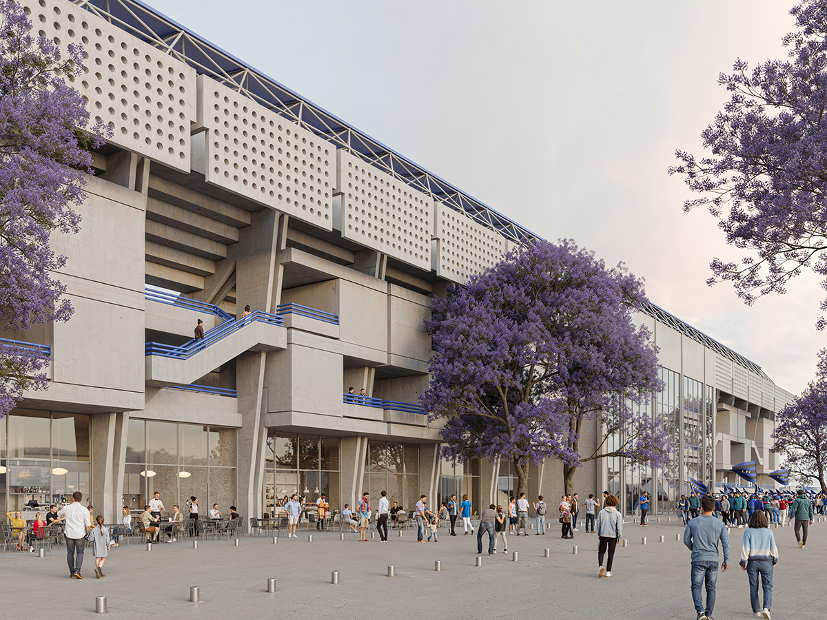 Paseo urbano con jacarandás junto al estadio