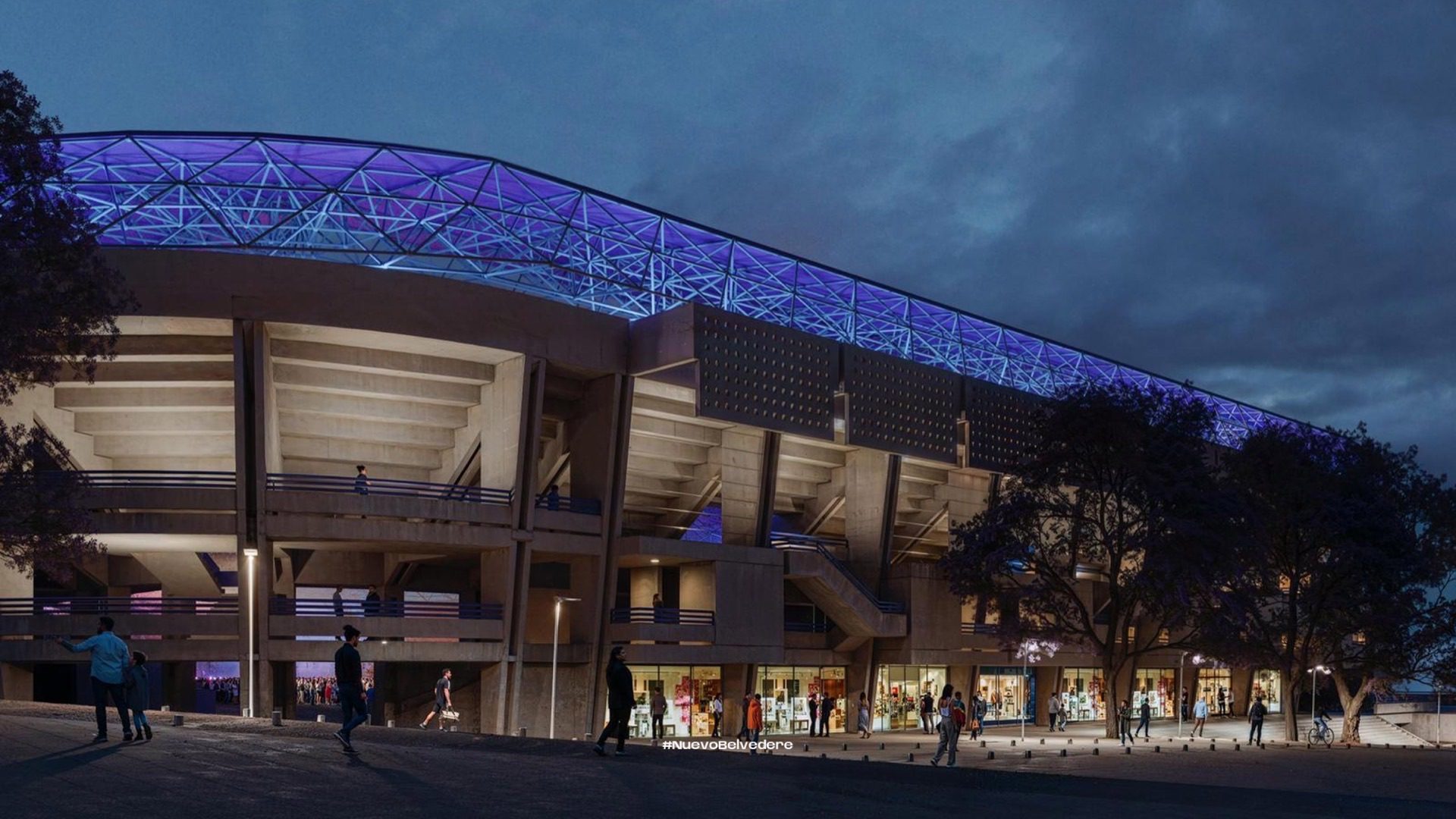 Fachada del estadio iluminada de noche